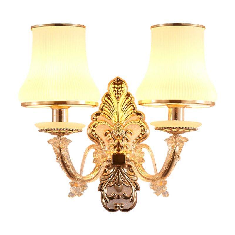 2 Heads Tapered Sconce Light Rural Gold Milky Glass Wall Mounted Lighting with Crystal Ball Droplet