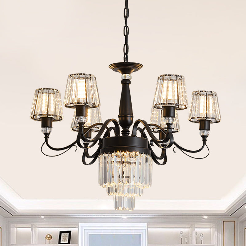 3-Tier Drawing Room Hanging Chandelier Crystal Rectangle 6 Bulbs Simple Ceiling Light with Conic Shade in Black