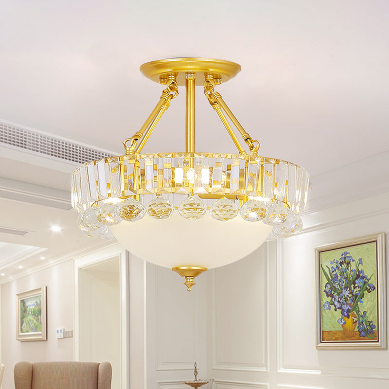 Gold Dome Semi Flush Chandelier Modern 3 Heads Frosted Glass Ceiling Lighting with Crystal Ball Deco