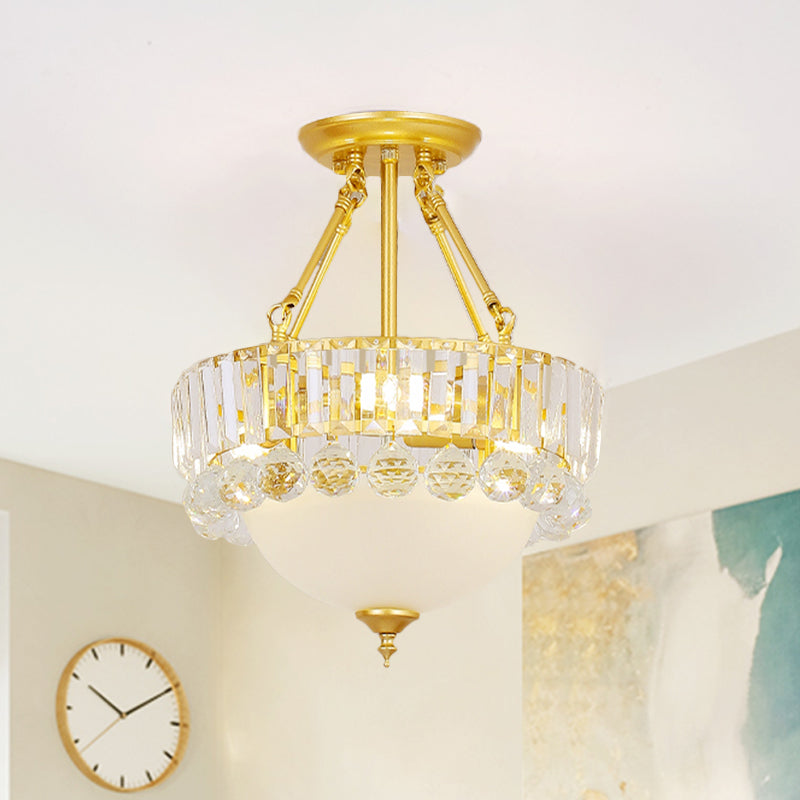 Gold Dome Semi Flush Chandelier Modern 3 Heads Frosted Glass Ceiling Lighting with Crystal Ball Deco