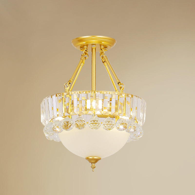 Gold Dome Semi Flush Chandelier Modern 3 Heads Frosted Glass Ceiling Lighting with Crystal Ball Deco