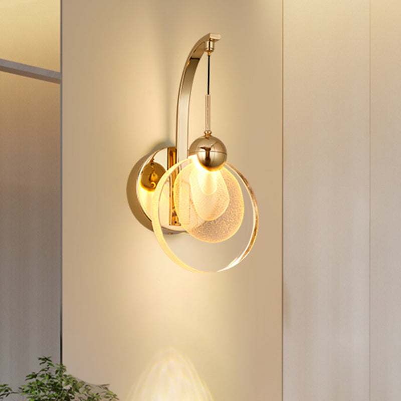 LED Great Room Wall Mount Light Modern Gold Wall Lighting Ideas with Round Crystal Shade