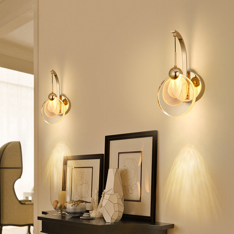Round Corridor Wall Lighting Clear Crystal LED Minimalism Wall Mounted Light with Bent Arm in Gold