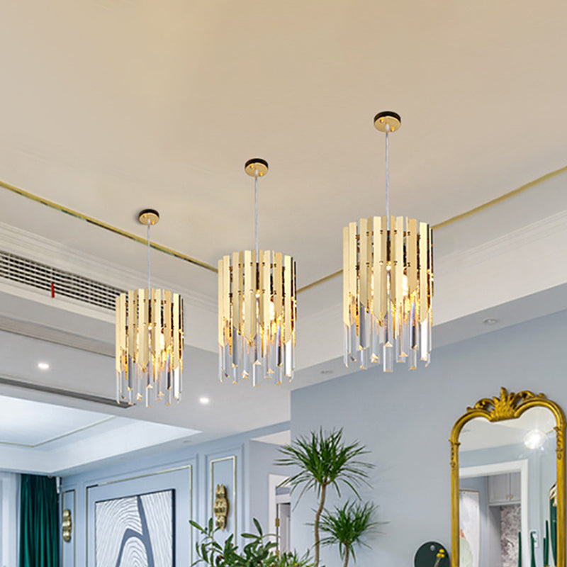 Cylindrical Ceiling Lamp Minimalist Crystal Prisms 1 Light Restaurant Suspension Pendant in Gold