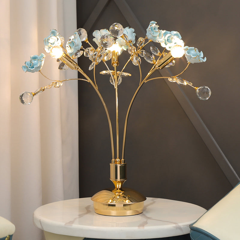 3 Bulbs Gold Ball Desk Lamp Modern Faceted Crystal Nightstand Light with Ceramic Flower Design