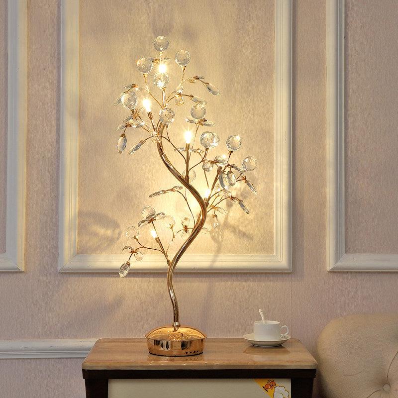 Leaf Sleeping Room Desk Light Cut Crystal 6-Bulb Contemporary Night Lamp with Tree Design in Gold