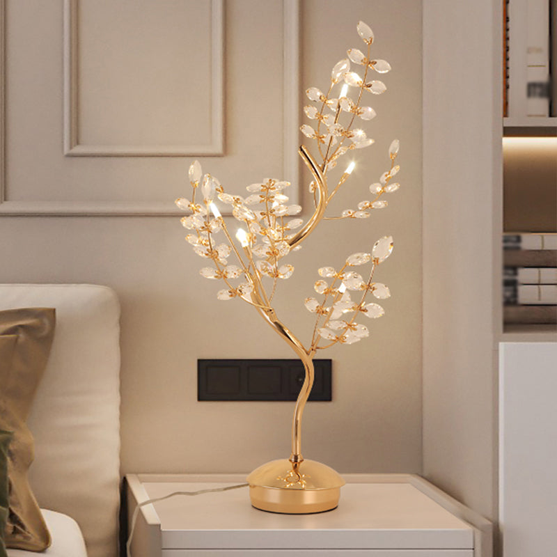 Leaf Sleeping Room Desk Light Cut Crystal 6-Bulb Contemporary Night Lamp with Tree Design in Gold