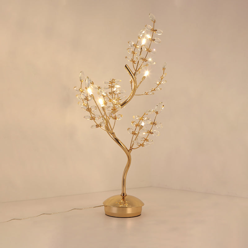Leaf Sleeping Room Desk Light Cut Crystal 6-Bulb Contemporary Night Lamp with Tree Design in Gold