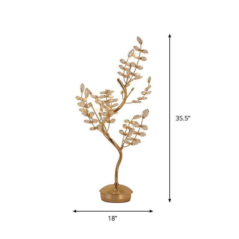 Leaf Sleeping Room Desk Light Cut Crystal 6-Bulb Contemporary Night Lamp with Tree Design in Gold