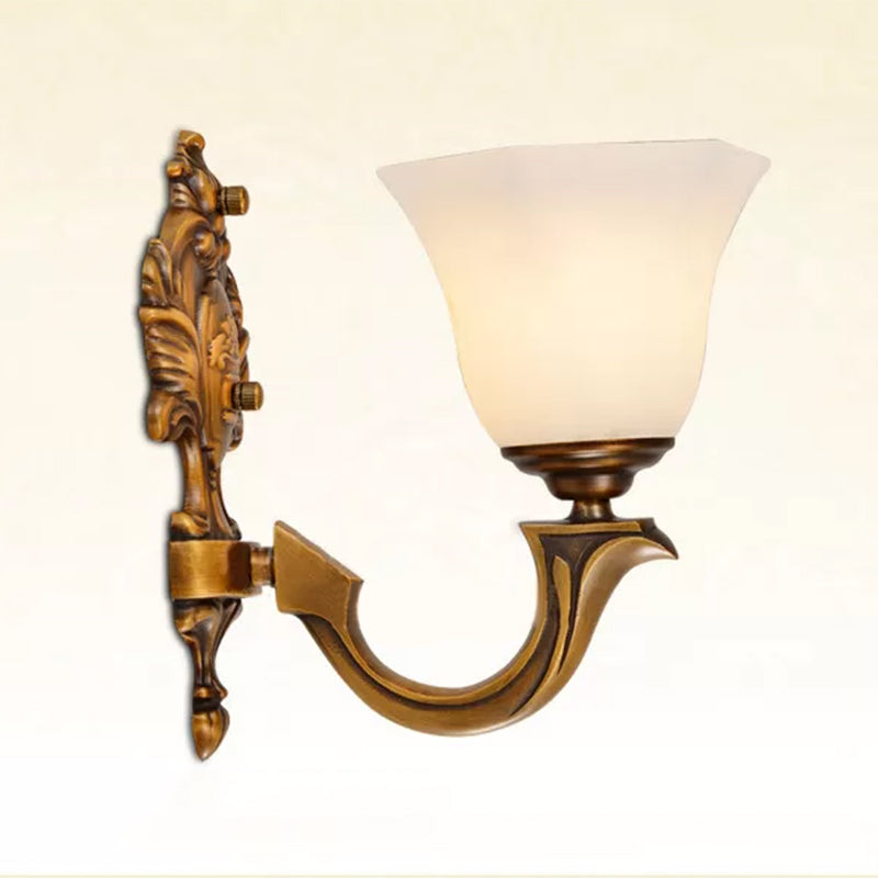 1-Light Sconce Light Fixture Rustic Bedroom Wall Lamp with Hexagonal Bell Frosted Glass Shade in Brass