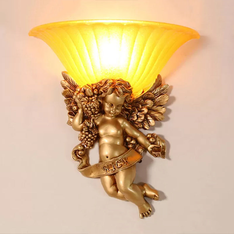 1-Light Surface Wall Sconce Rural Bedroom Resin Angel Wall Lamp with Half-Bell Frosted Glass Shade in Gold