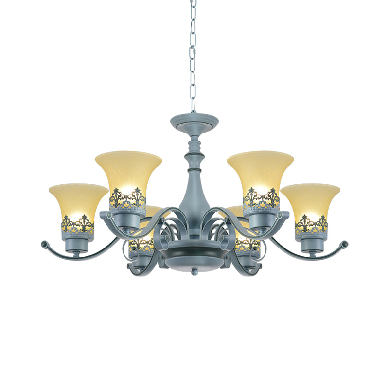 Lampaggio del lampadario svasato nordico vetro ambra a 6 luci da soggiorno appeso lampada a soffitto con braccio sinuoso in blu