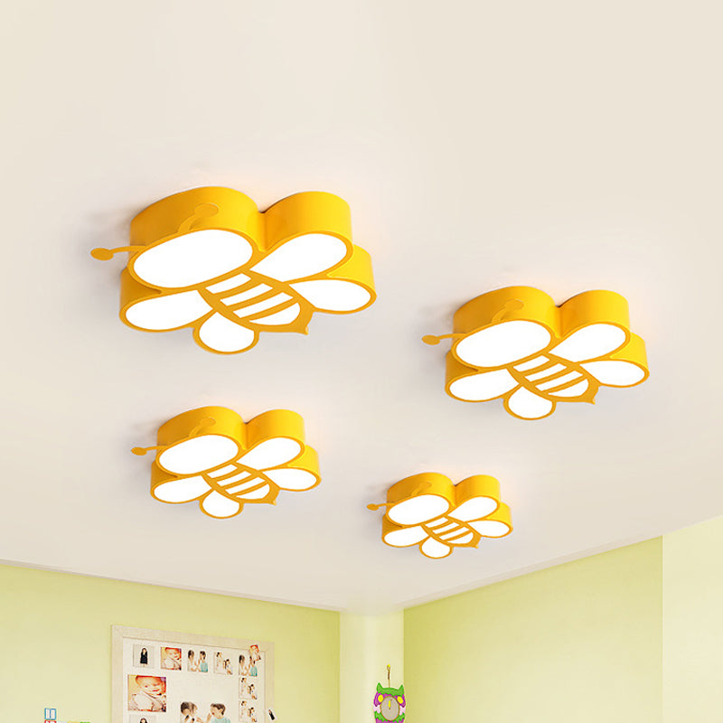 Cartoon Bee Kindergarten Ceiling Lamp Acrylic LED Children Flush Mount Light Fixture in Yellow, Warm/White Light