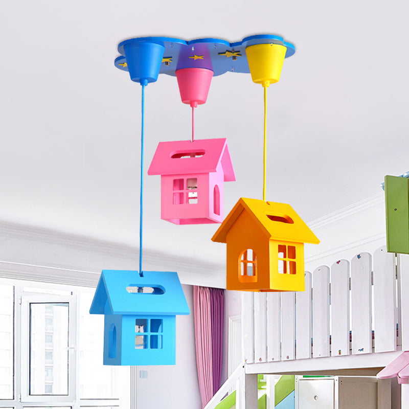 Houselet Playing Room Multi Pendant Wood 3 Bulbs Kids Style Ceiling Suspension Lamp in Blue-Pink-Yellow