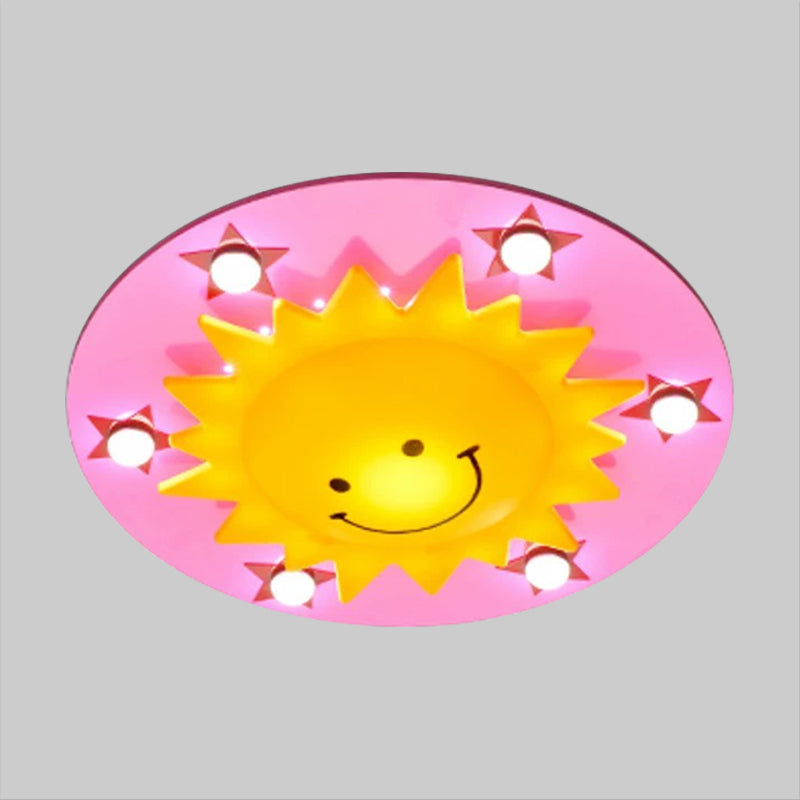 Blue/Pink Sun Flush Mount Light Simple 6-Bulb Wood Close to Ceiling Lamp for Children Room