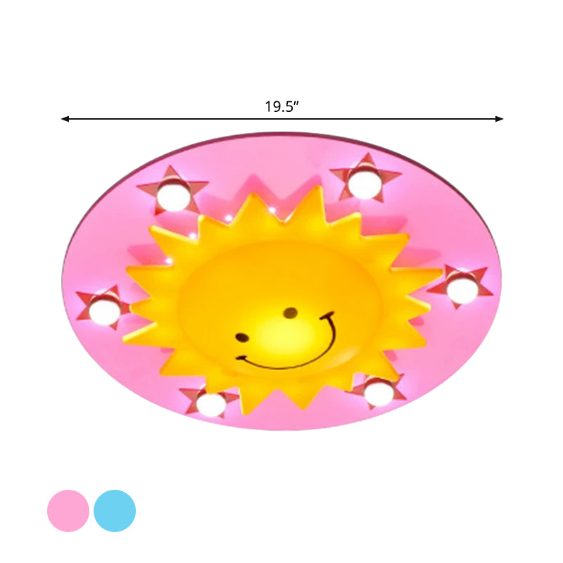 Blue/Pink Sun Flush Mount Light Simple 6-Bulb Wood Close to Ceiling Lamp for Children Room