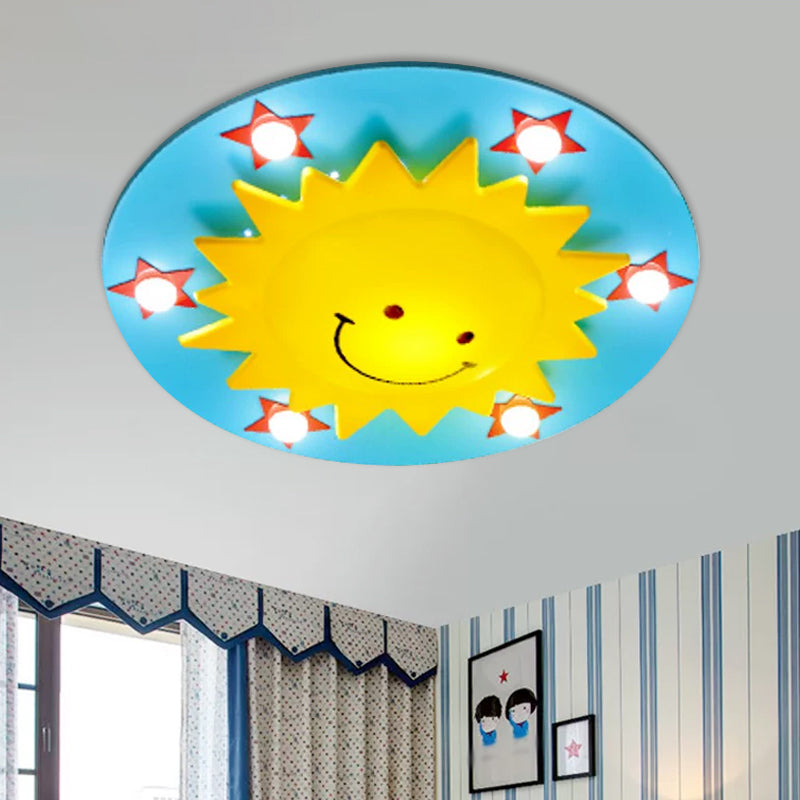 Blue/Pink Sun Flush Mount Light Simple 6-Bulb Wood Close to Ceiling Lamp for Children Room