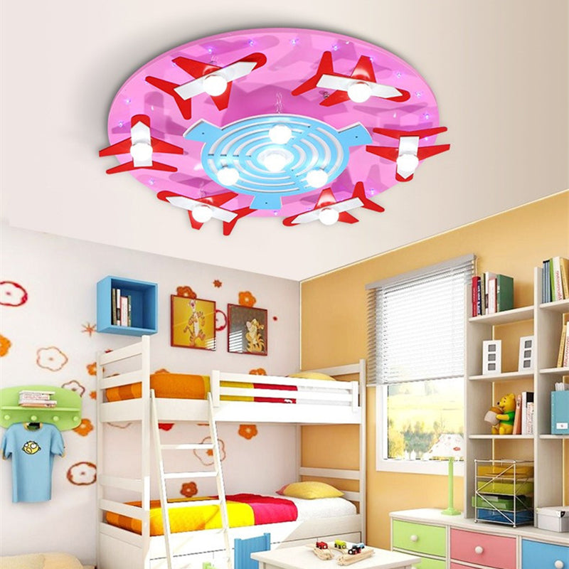 Lampada da soffitto rotonda in legno con sala giochi per aeroplano Lampada da soffitto per bambini accattivante
