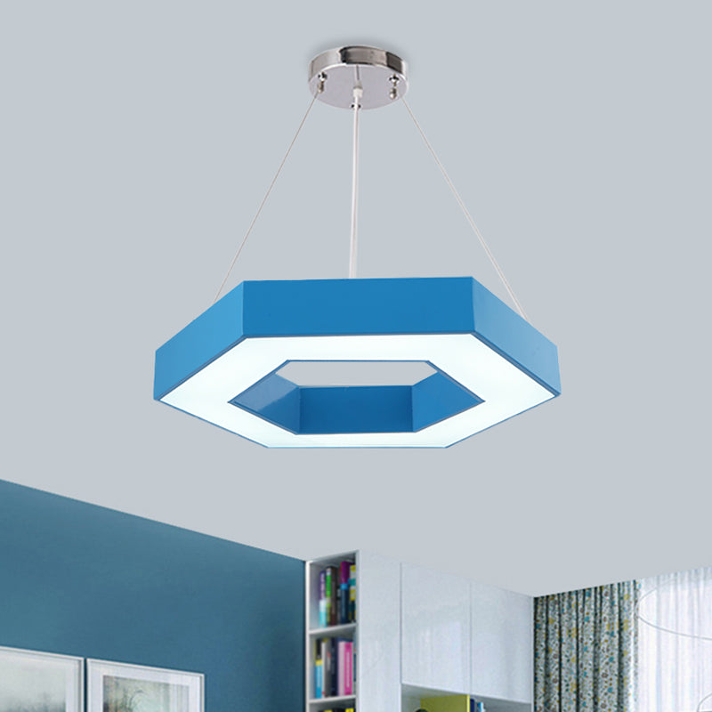 Acrylic Hexagon Ring Down Lighting Simple LED Chandelier Lighting in Red/Yellow/Blue for Kindergarten