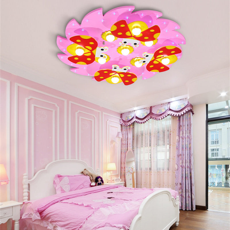 Wood Tree Ceiling Light with Ladybug Deco Modern Cartoon Flush Mount Light for Kid Bedroom