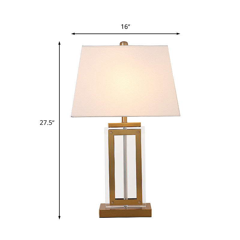 1-Light Trapezoid Table Lighting Minimalist White Fabric Nightstand Lamp with Gold Pedestal