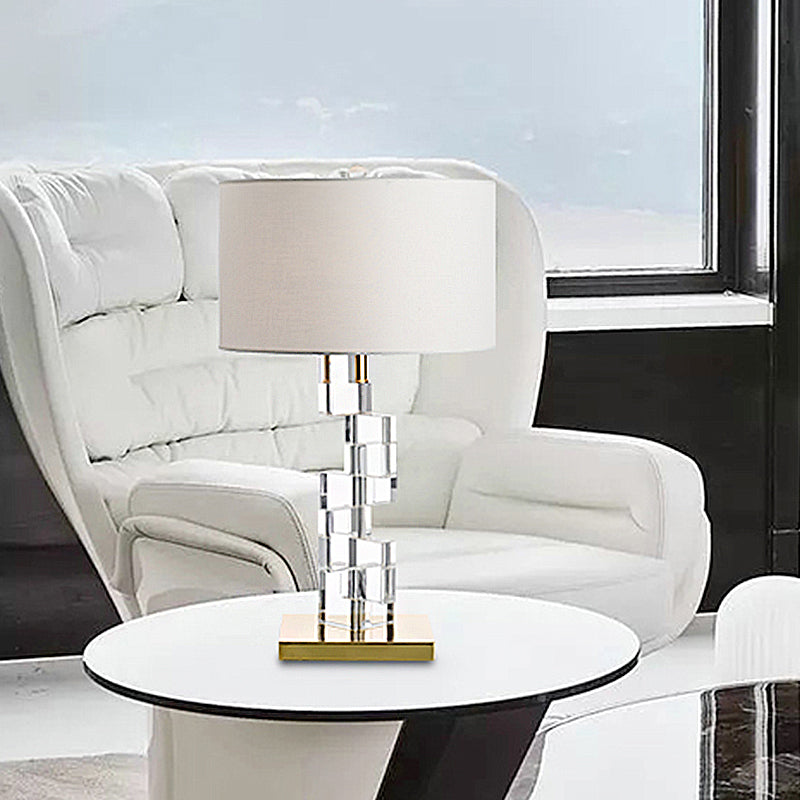 Tissu table blanc tambour léger 1 bulbe lampe de table de chevet traditionnelle avec déco de bloc de verre transparent luxé
