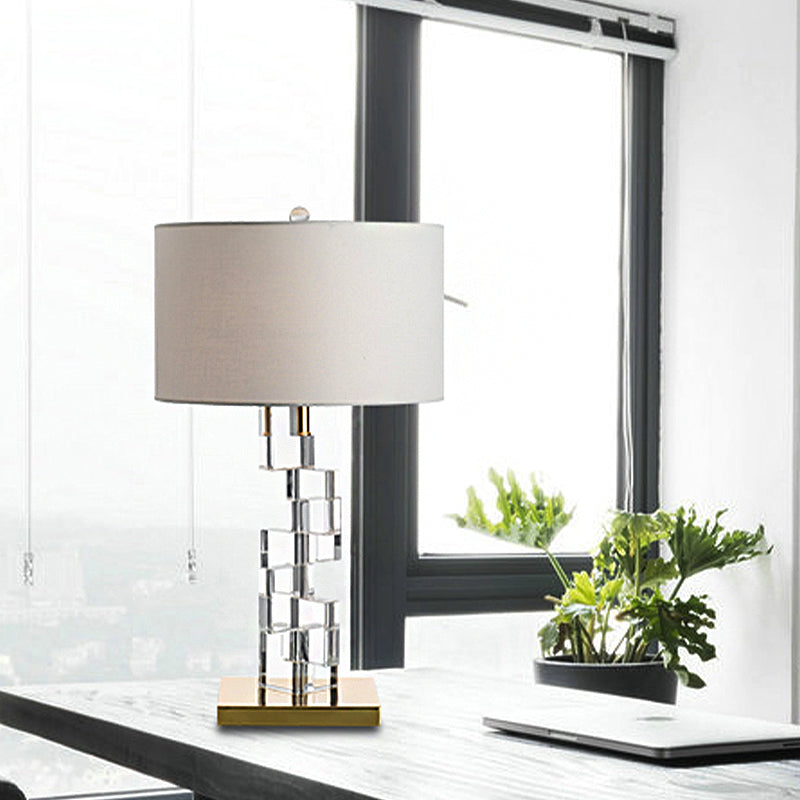Tessuto tavolo bianco leggero tavolo 1 lampadina tradizionale comodino con blocco in vetro limpido dislocato