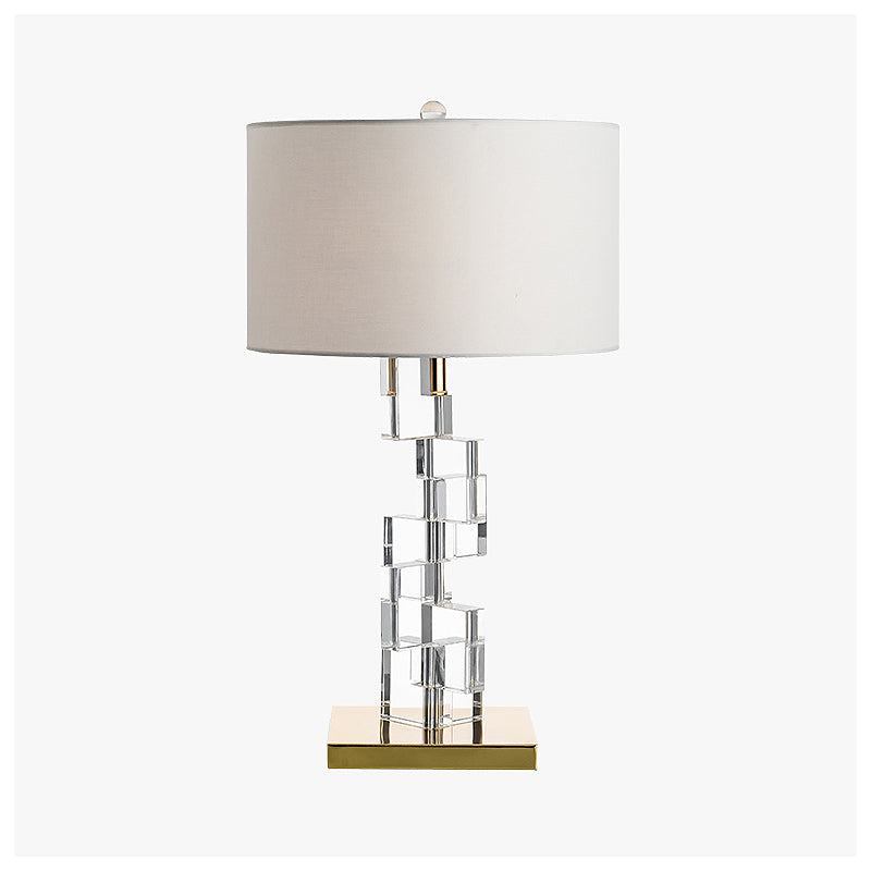Tissu table blanc tambour léger 1 bulbe lampe de table de chevet traditionnelle avec déco de bloc de verre transparent luxé