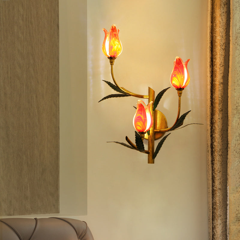3-Light Wall Lighting Retro Stylish Gradient Pink/Red Glass Tulip Sconce Ideas for Living Room