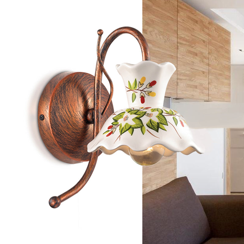 Farmhouse Smashhouse Smashoped Sconce 1 Bulb Flower Flowned Ceramic Wall Lamp a parete in bianco con braccio di guancia di rame meteorologico, sinistra/destra