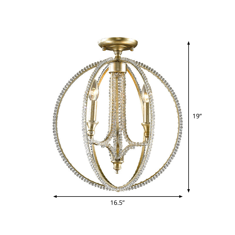 Crystal Gold Finish Semi Flush Lighting Globe 3 Heads Traditional Close to Ceiling Lamp for Living Room