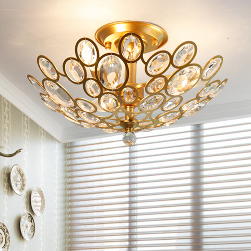 3-Bulb Clear Faceted Crystal Flushmount Retro Silver/Gold Bubble Ring Kitchen Semi Flush Chandelier Lighting
