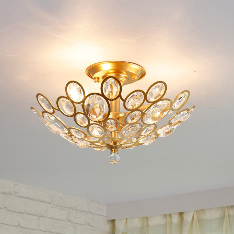 3-Bulb Clear Faceted Crystal Flushmount Retro Silver/Gold Bubble Ring Kitchen Semi Flush Chandelier Lighting