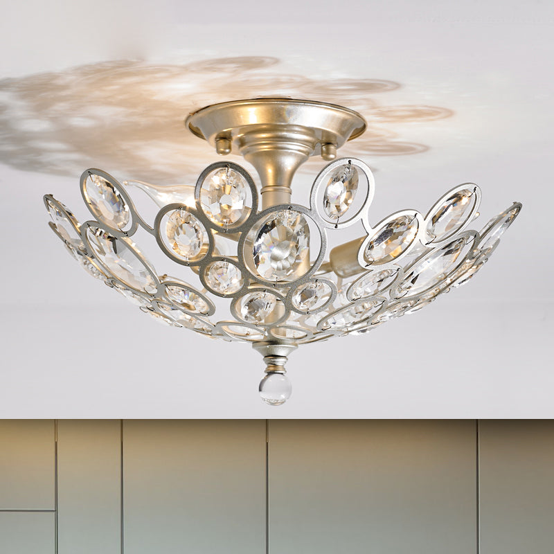 3-Bulb Clear Faceted Crystal Flushmount Retro Silver/Gold Bubble Ring Kitchen Semi Flush Chandelier Lighting