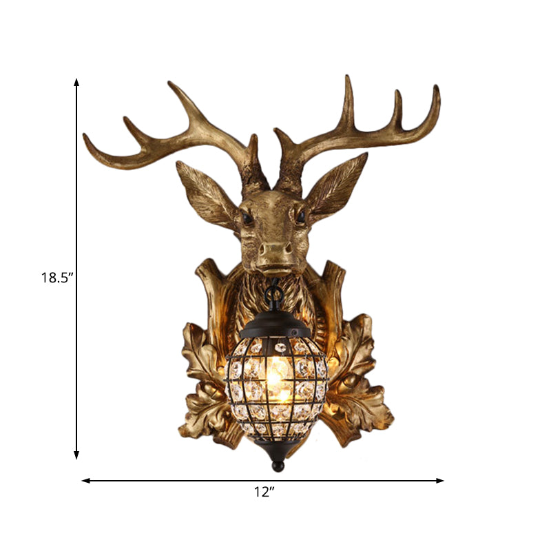 Ellipsoid Cage Beveled Crystal Sconce Farmhouse 12"/18" W 1 Head Living Room Wall Mount Lighting with Gold Antler Backplate