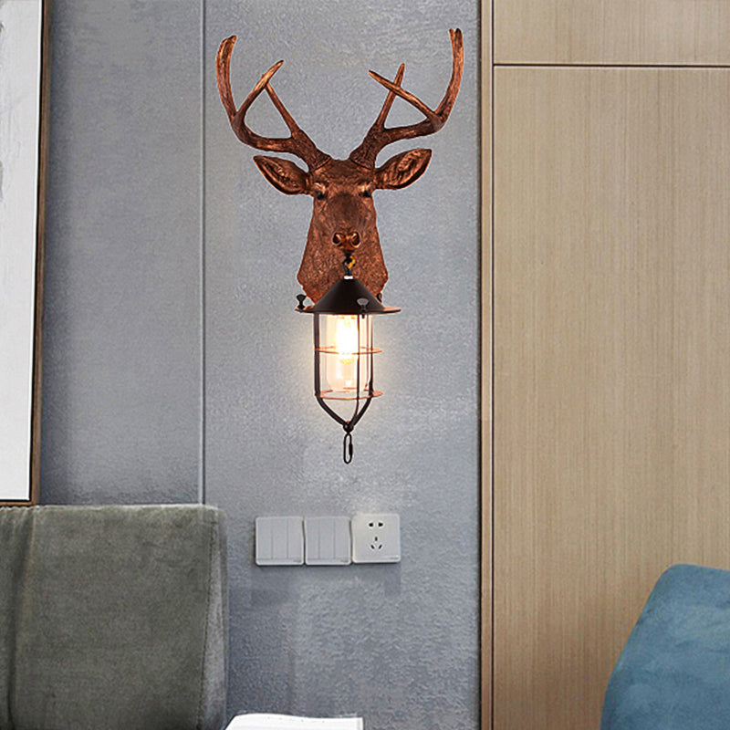 Brown 1 Bulb Wall Mount Lighting Vintage Resin Deer-Head Wall Lamp Sconce with Cage
