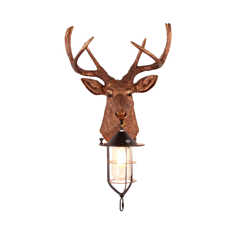 Brown 1 Bulb Wall Mount Lighting Vintage Resin Deer-Head Wall Lamp Sconce with Cage