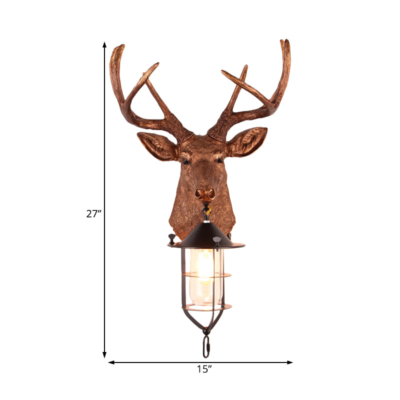 Brown 1 Bulb Wall Mount Lighting Vintage Resin Deer-Head Wall Lamp Sconce with Cage