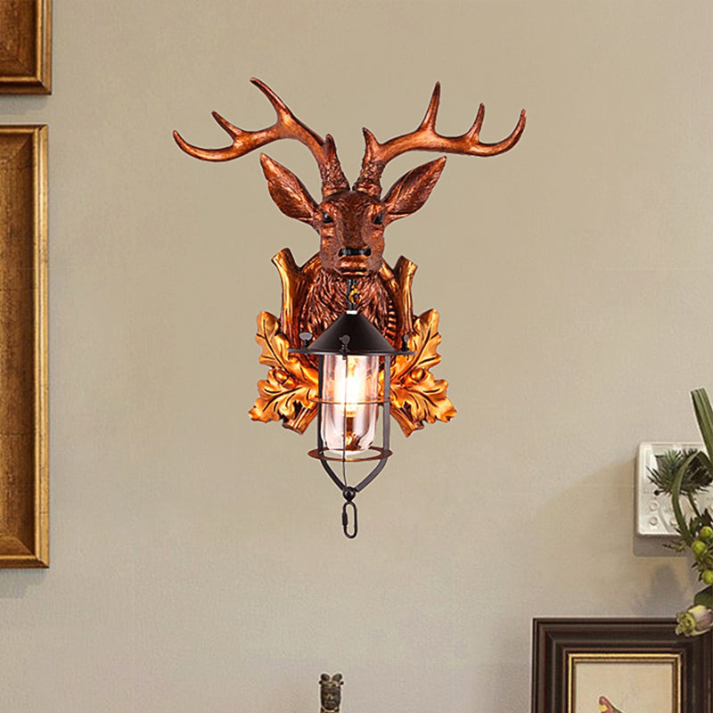 1 Light Wall Sconce Lighting Traditional Deer Head Resin Wall Lamp Fixture in Brown with Cage