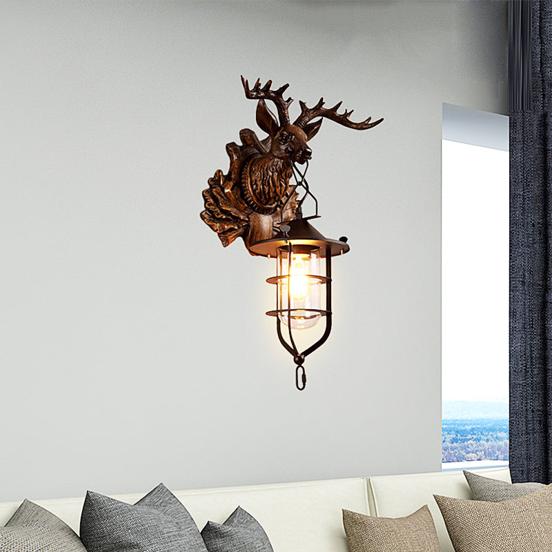 Iron Wire Cage Sconce Countryside 1 Light Living Room Wall Lighting in Black with Resin Deer Head Backplate