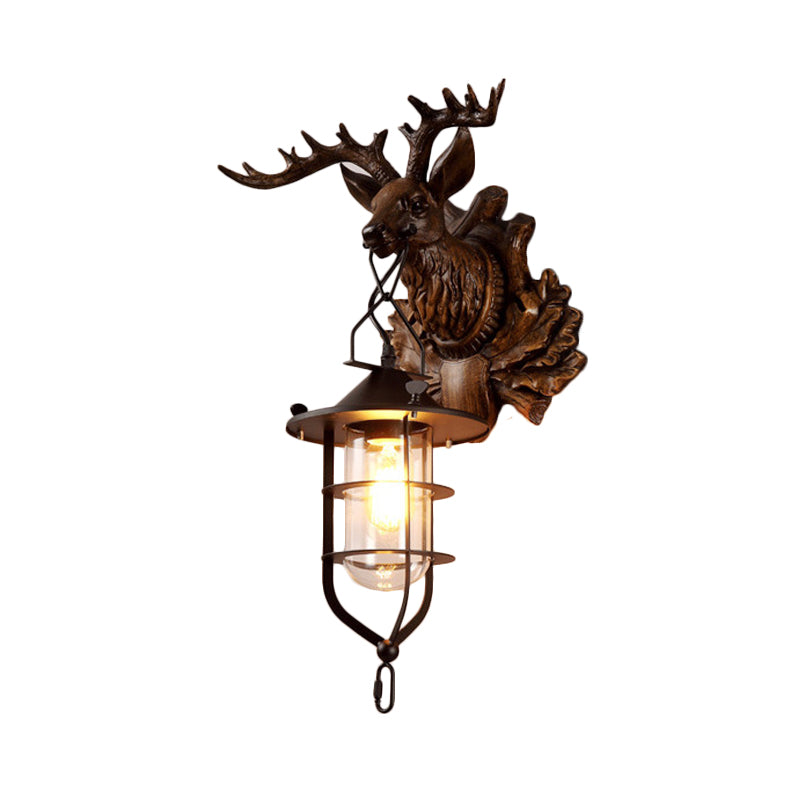 Iron Wire Cage Sconce Countryside 1 Light Living Room Wall Lighting in Black with Resin Deer Head Backplate