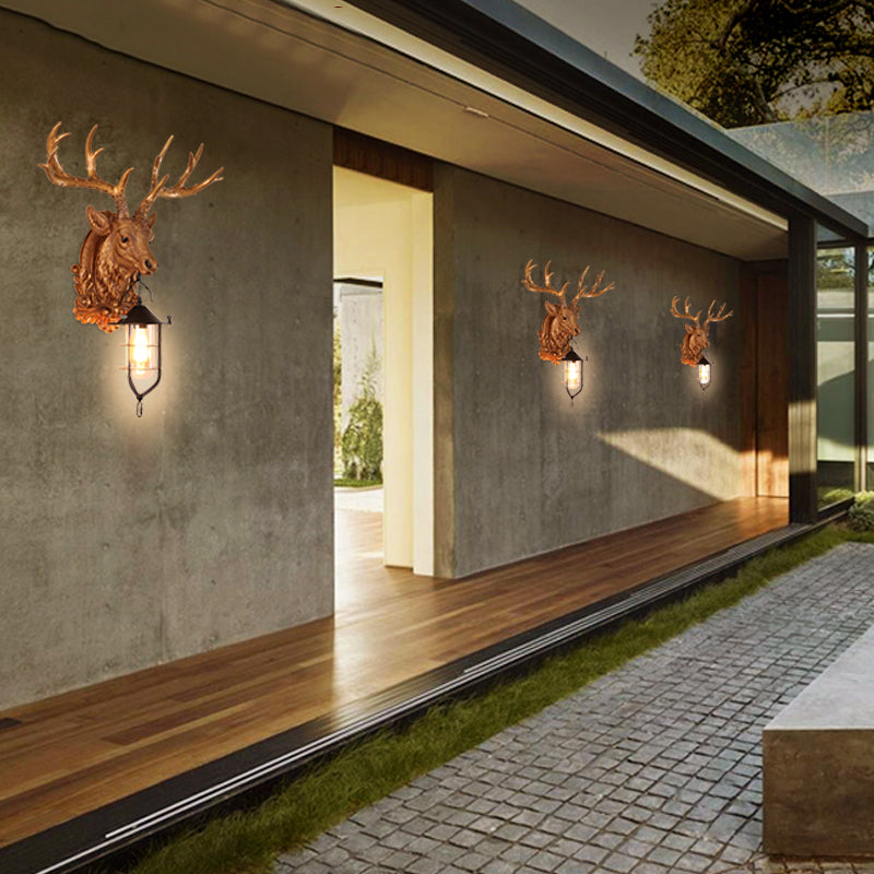 1-Light Resin Wall Light Sconce Rural Brown Elk Head Courtyard Wall Lamp Fixture with Cage