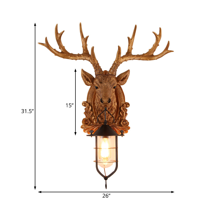 1-Light Resin Wall Light Sconce Rural Brown Elk Head Courtyard Wall Lamp Fixture with Cage