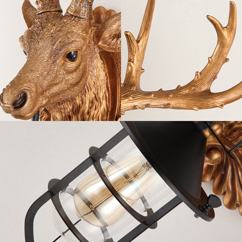 1-Light Resin Wall Light Sconce Rural Brown Elk Head Courtyard Wall Lamp Fixture with Cage