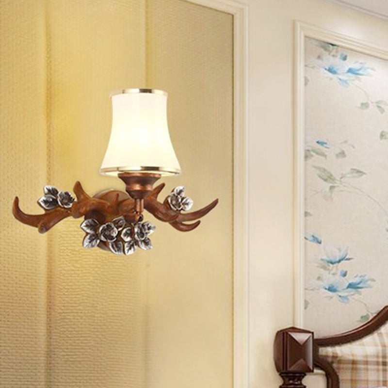 Brown Antler Sconce Lighting Rustic 1-Light Resin Wall Mounted Lamp with Flared Opal Glass Shade