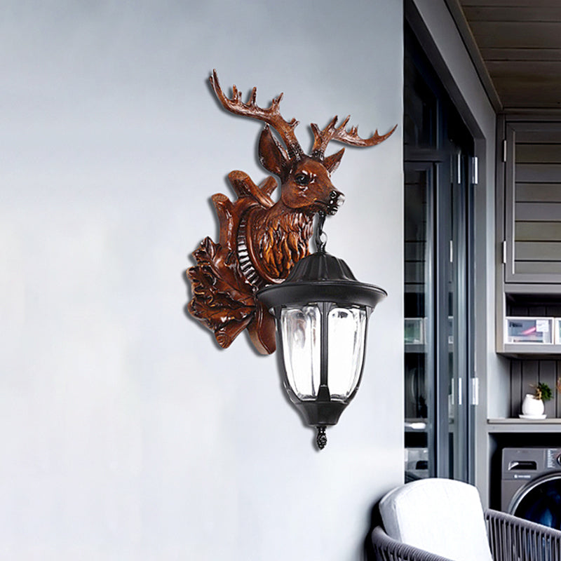 Bronze/Brown Elk Head Wall Mounted Light Farmhouse Resin 1 Head Balcony Sconce Ideas with House Glass Shade