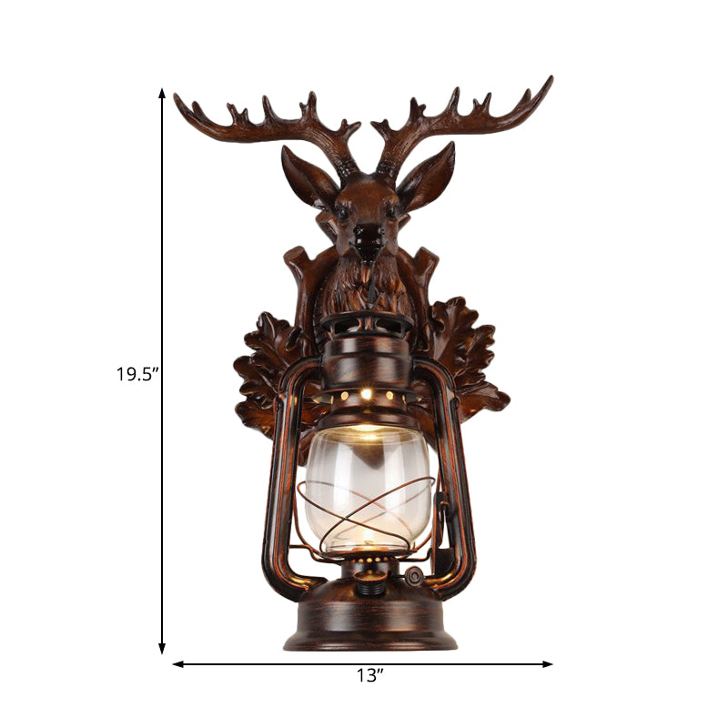 Single Flameless Kerosene Wall Lamp Rustic Style Brown/Bronze Transparent Glass Sconce with Resin Faux Elk Backplate