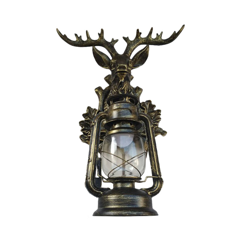 Single Flameless Kerosene Wall Lamp Rustic Style Brown/Bronze Transparent Glass Sconce with Resin Faux Elk Backplate