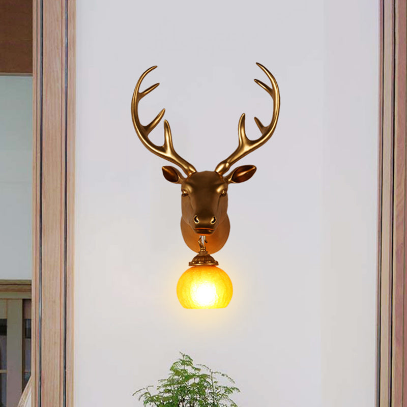 Resin Gold Sconce Lamp Straight/Curved Antler 1 Light Rustic Wall Mounted Lighting with Dome Amber Glass Shade