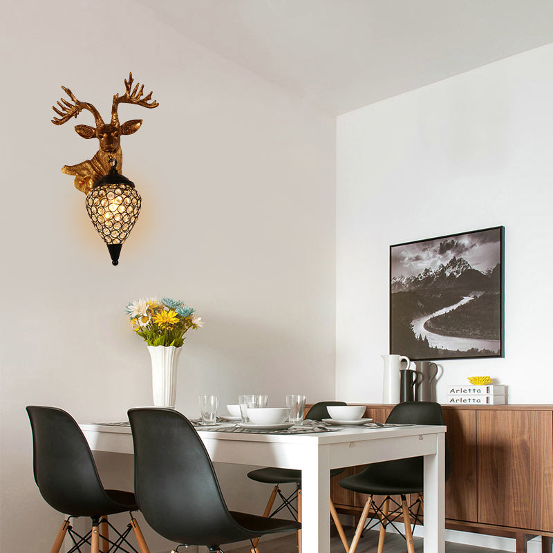 Sika Deer Head Dinette Sconce Ideas Countryside Resin Single Gold Wall Lamp Fixture with Teardrop Crystal Shade, Left/Right